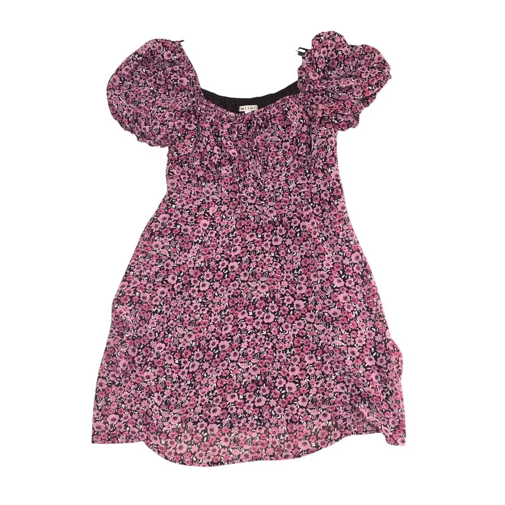 Miami Pink Floral Puff Sleeve Mini Dress Square Neck Ruffle Bust Size M
